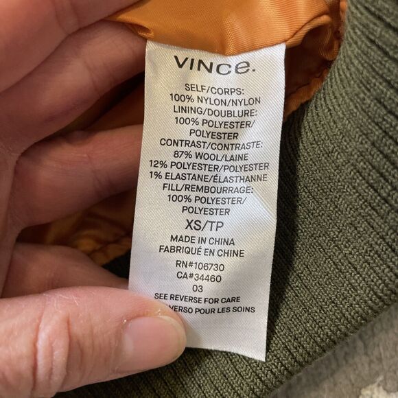 Vince Quilted Bomber Jacket Olive green Nylon Size Extra Small XS - Picture 8 of 12